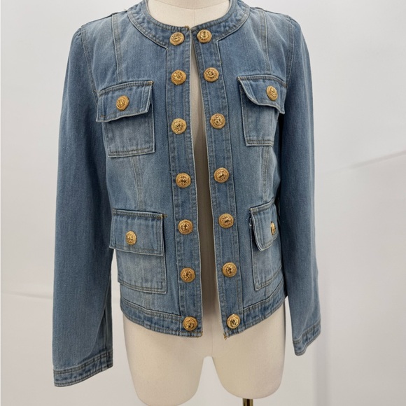 Ma Cherie Light Wash Denim Jacket with Gold Crest Buttons Chic Military Style - Picture 13 of 15